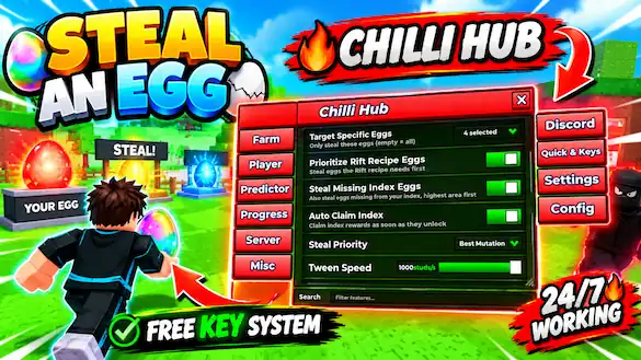 Steal an Egg Chilli Hub Script Keyless – ESP, Egg Predictor, Auto Farm, Instant Steal Egg, GodMode
