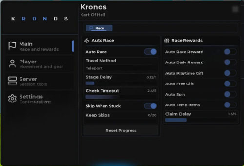 Kart of Hell Kronos Hub Script, Auto Equip Best, Auto Race Rewards