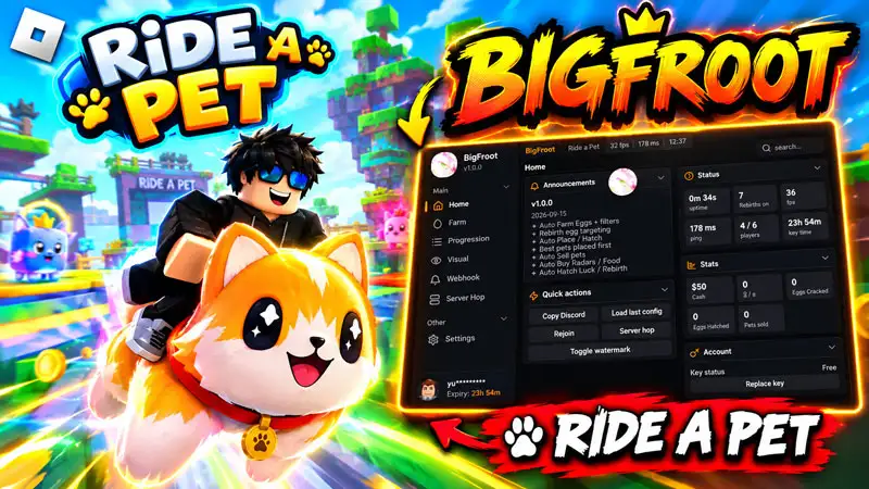 Ride a Pet Script BigFroot – Instant Steal, Auto Steal Egg, Auto Farm, Auto Hatch, Auto Buy Luck & Best