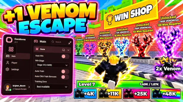 +1 Venom Escape Script – Auto Win, Auto Farm (KEYLESS)