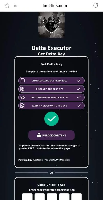 Loot-Link.com Delta Executor Get Delta Key Complete action to unlock the link