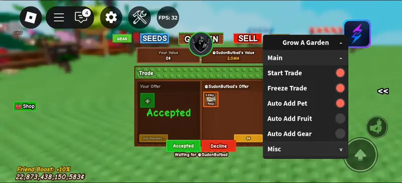 Start trade freeze trade auto add pet auto add fruit auto add gear