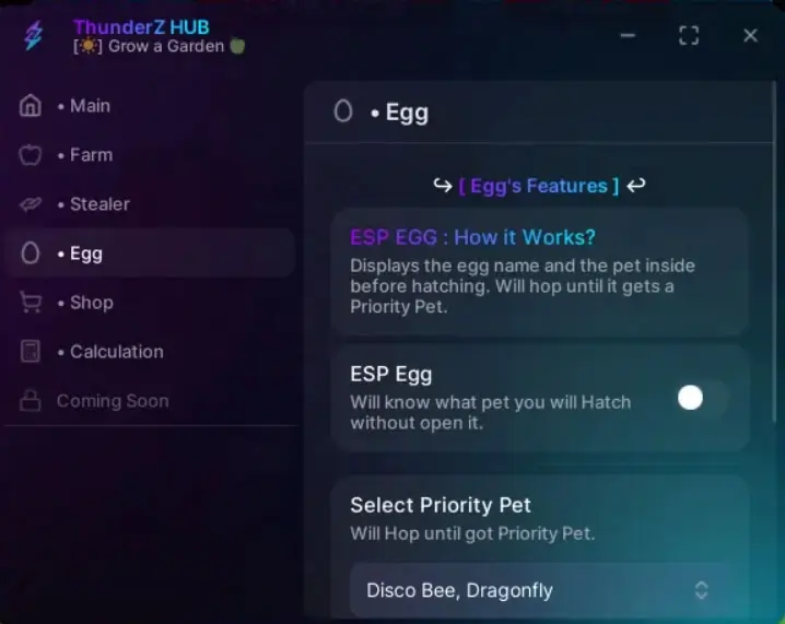 ThunderZ Hub Grow a Garden Egg ESP- Display the egg name and pet inside before hatching. Will hop until it gets priority pet.